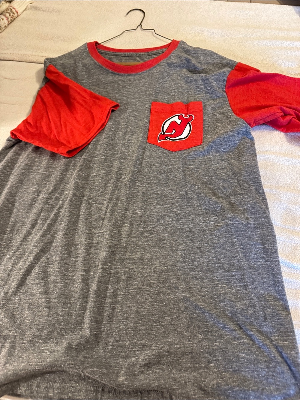 Fanatics Gray and Red Short Sleeve Pocket Tee - NHL Devils Logo